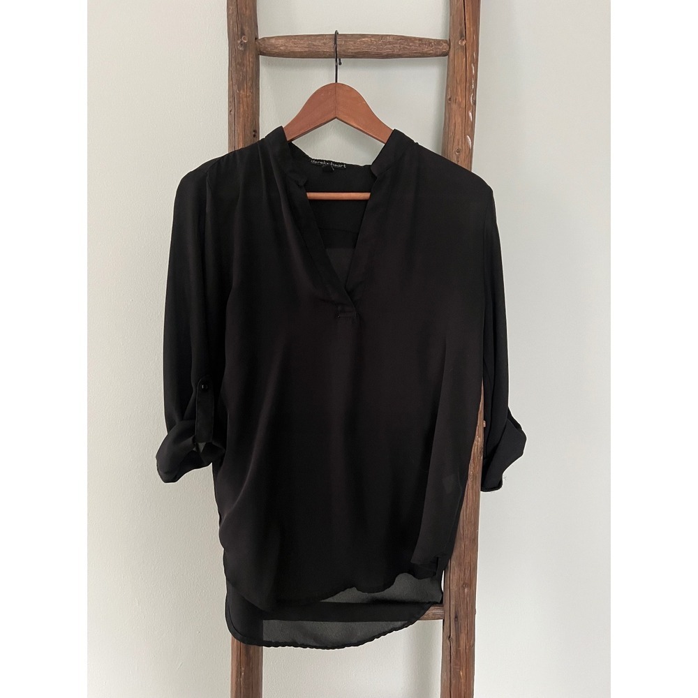 Derek Heart‎ Blouse Top V-Neck Roll Tab Long Sleeve Black Blouse Size M